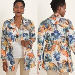 Chico's Palm-Print Tropical Linen Utility Drawstring Jacket Size 0 [Small 4/6]